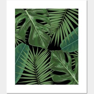 Monstera, Spider Palm, Tropical Leaves Print on Black Posters and Art
